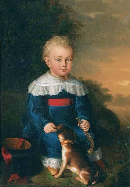 unknow artist Portrait of a young boy with toy gun and dog oil painting image